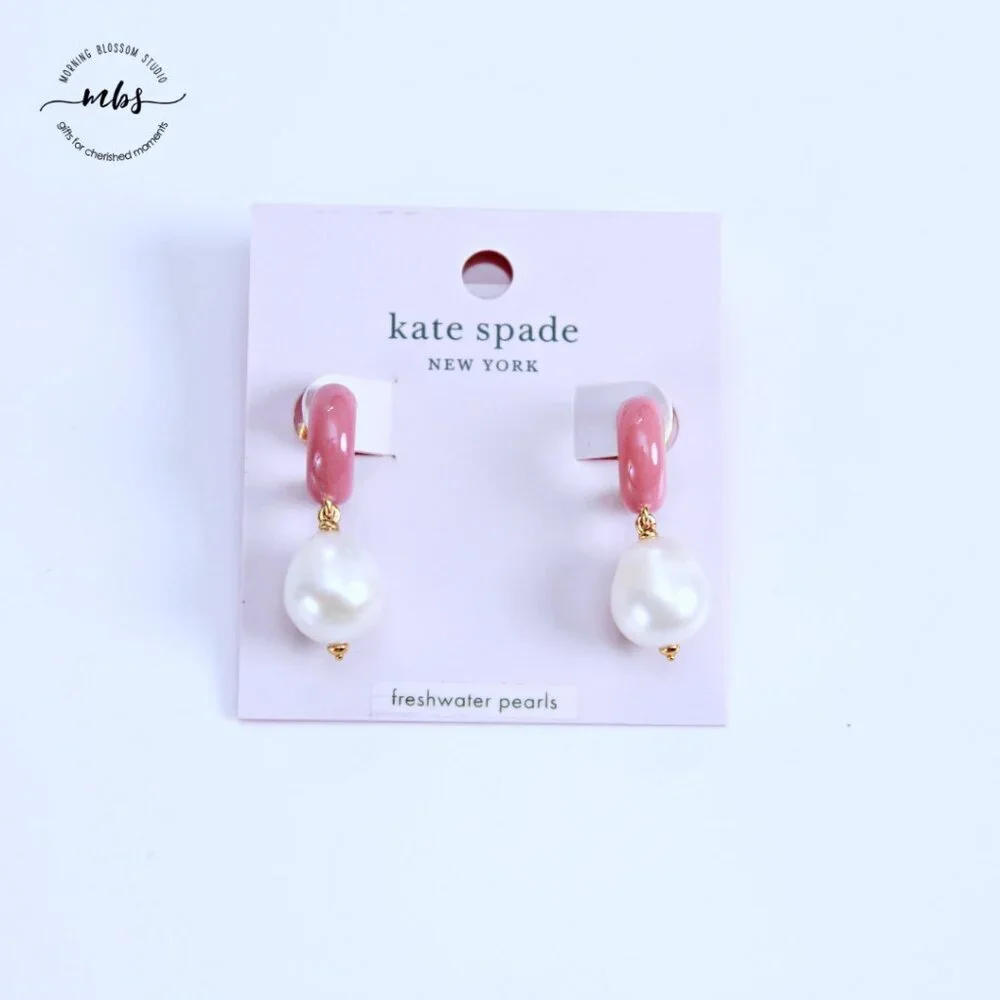 NWT Kate Spade Candy‎ Pearl Drop Enamel Huggie Earrings Pink Cream Gold